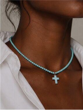 New! Marbled Turquoise Beaded Cross Dopamine Necklace